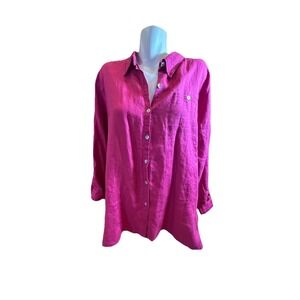 Chico's Linen Button-Up Shade Of Pink Flamingo Reddish Shirt Sz 3 NWT $58 Read
